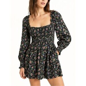 Hill House Nora Dress Women's XL Black Floral Smocked Mini Long Sleeve